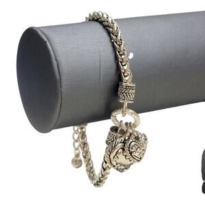 Vintage Silver Tone Wheat Chain Double Scroll Heart Charm Bracelet Adjustable